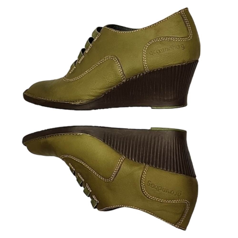 GROUNDHOG PORTUGAL Olive Leather Wedge Booties 7 37 Artsy Oxford Boots Slip On - Picture 6 of 16